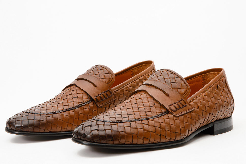 The Grand Woven Leather Tan Shoe Penny Loafer - Vinci Leather