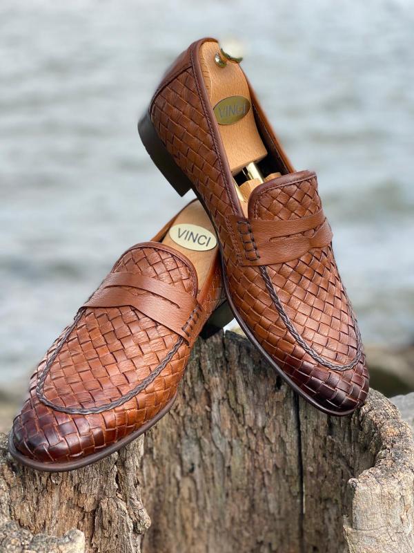 The Grand Woven Leather Tan Shoe Penny Loafer - Vinci Leather