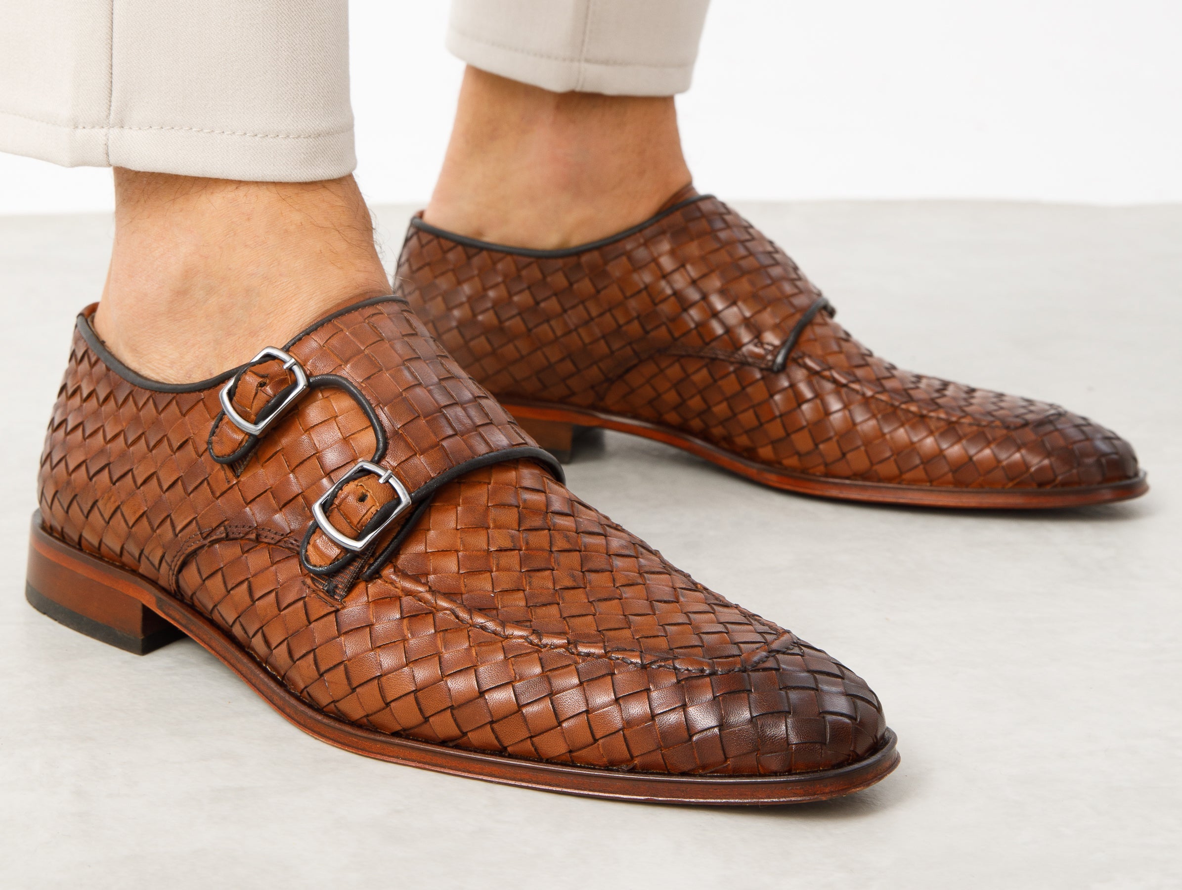 The Turan Brown Woven Double Monk Strap Dress Shoe - Vinci Leather