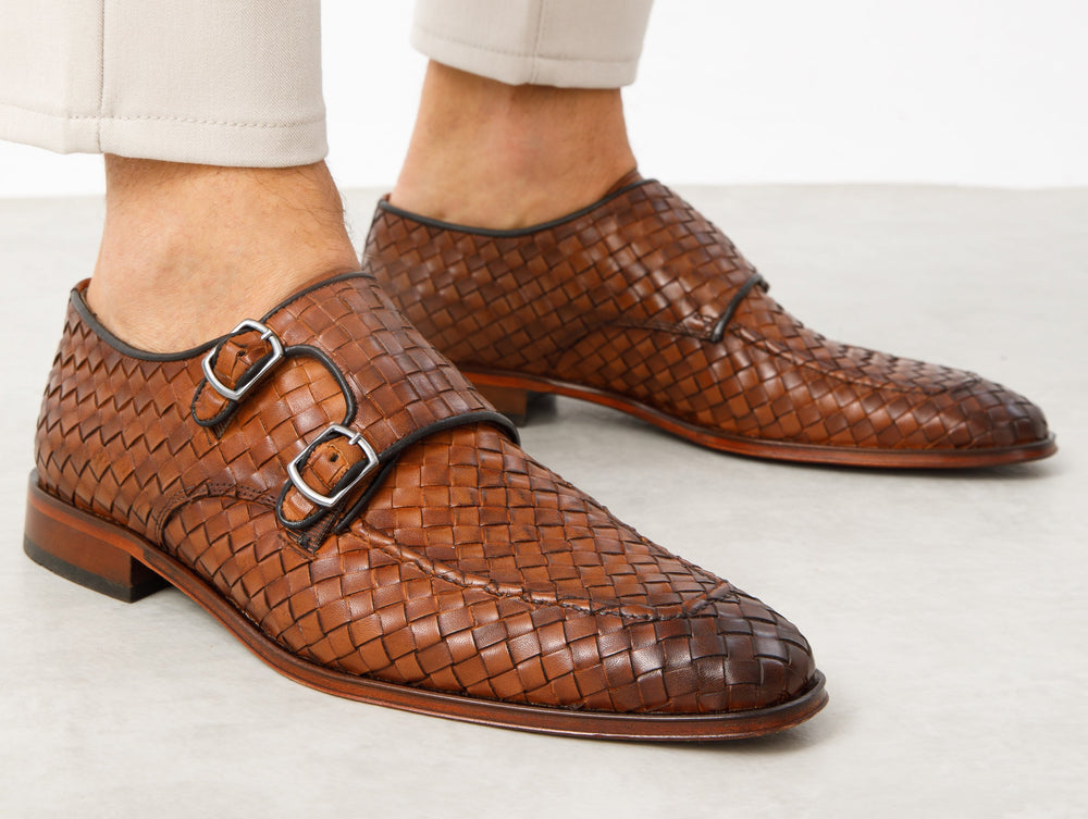 The Turan Brown Woven Double Monk Strap Dress Shoe - Vinci Leather