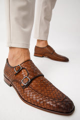 The Turan Brown Woven Double Monk Strap Dress Shoe - Vinci Leather