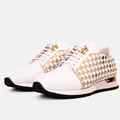 The Mackenzie White Gold Woven Leather Sneaker - Vinci Leather