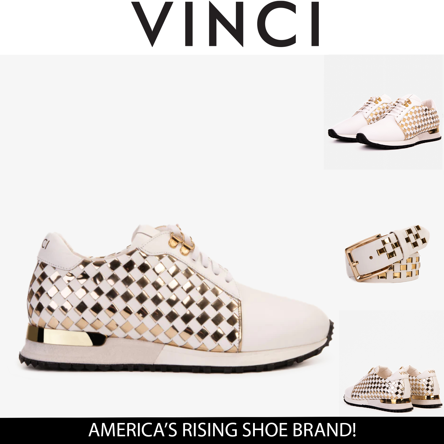 The Mackenzie White Gold Woven Leather Sneaker - Vinci Leather