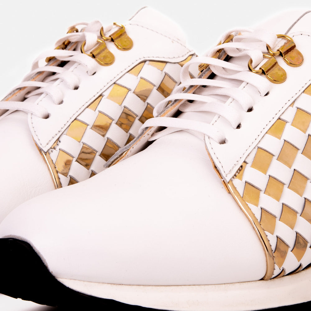 The Mackenzie White Gold Woven Leather Sneaker - Vinci Leather