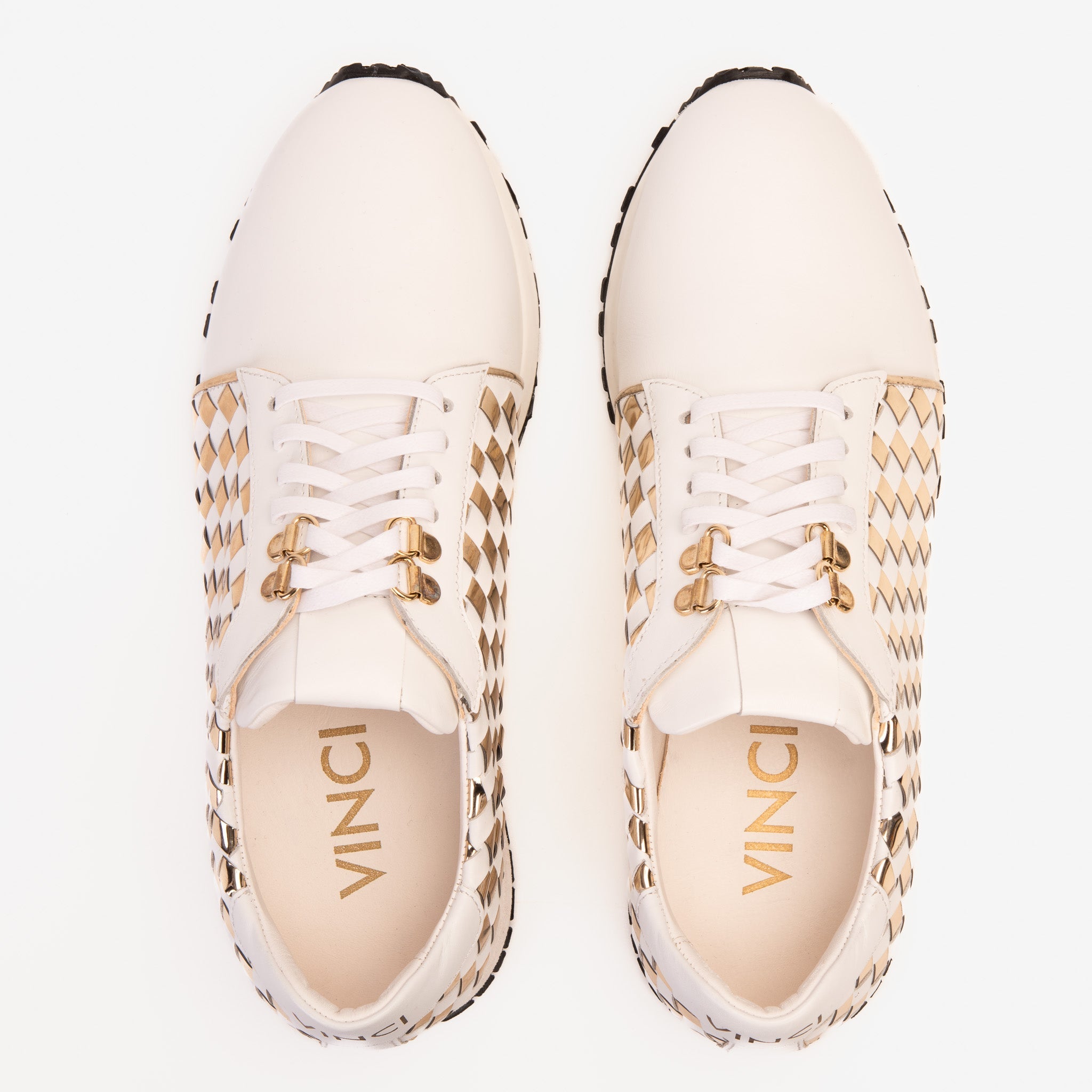 The Mackenzie White Gold Woven Leather Sneaker - Vinci Leather