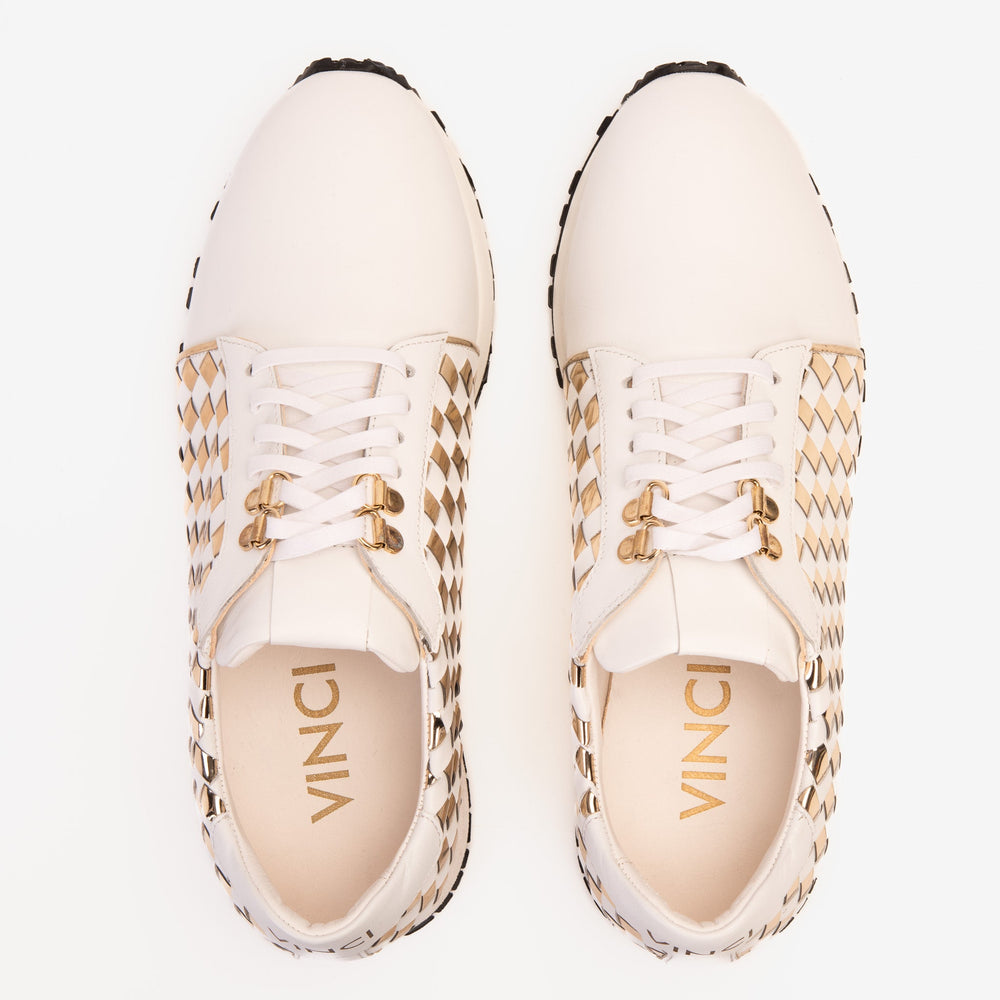 The Mackenzie White Gold Woven Leather Sneaker - Vinci Leather
