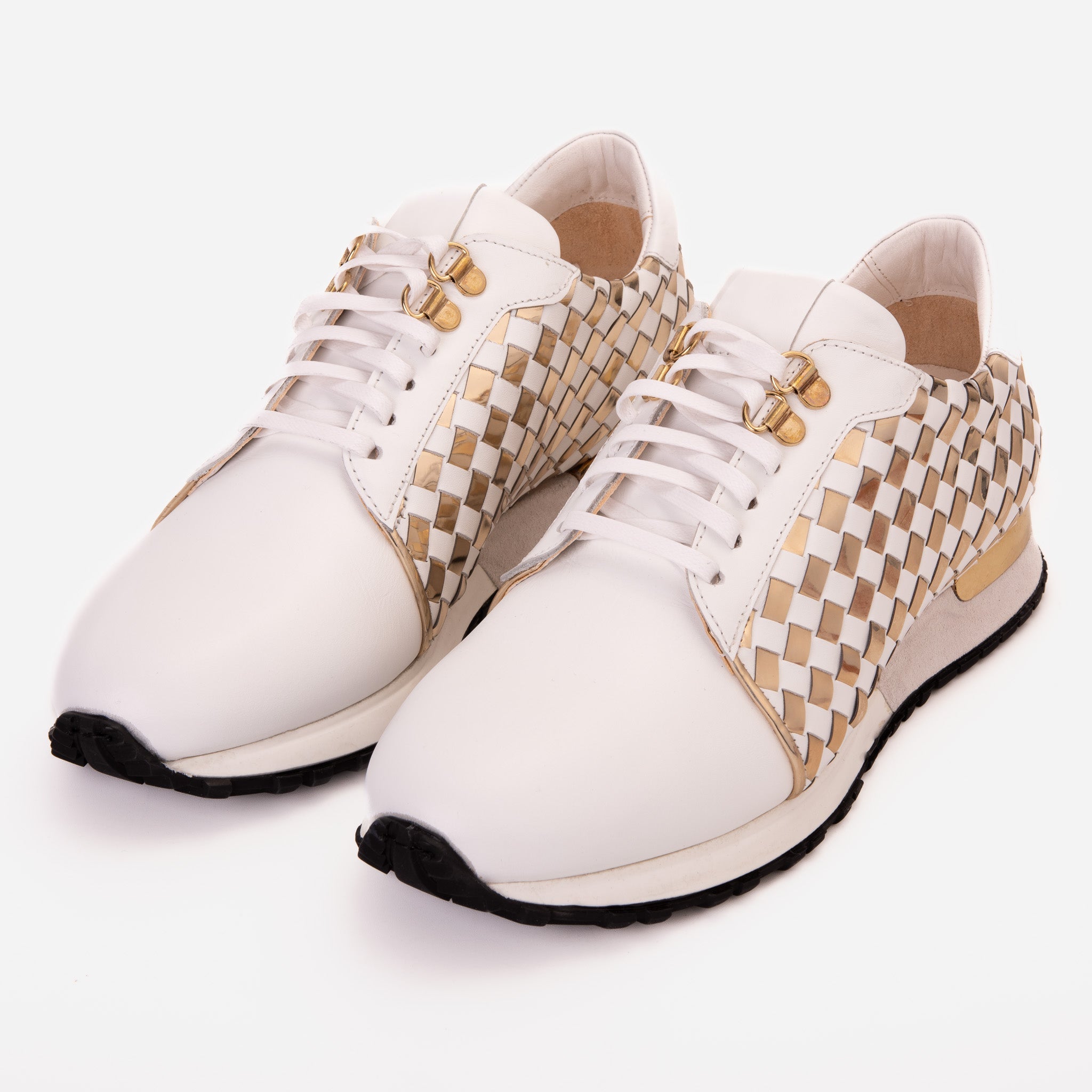 The Mackenzie White Gold Woven Leather Sneaker - Vinci Leather