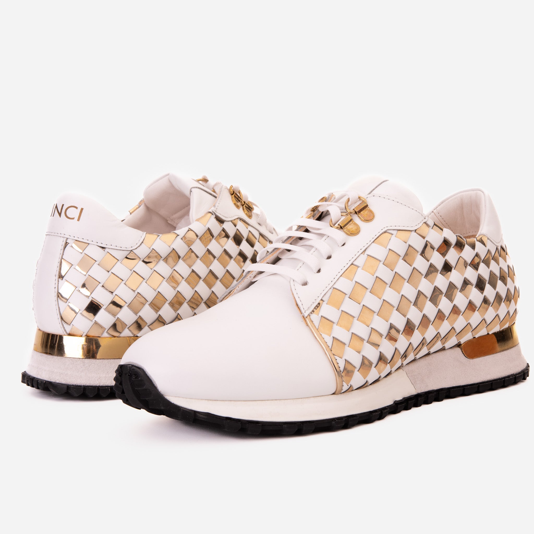 The Mackenzie White Gold Woven Leather Sneaker - Vinci Leather