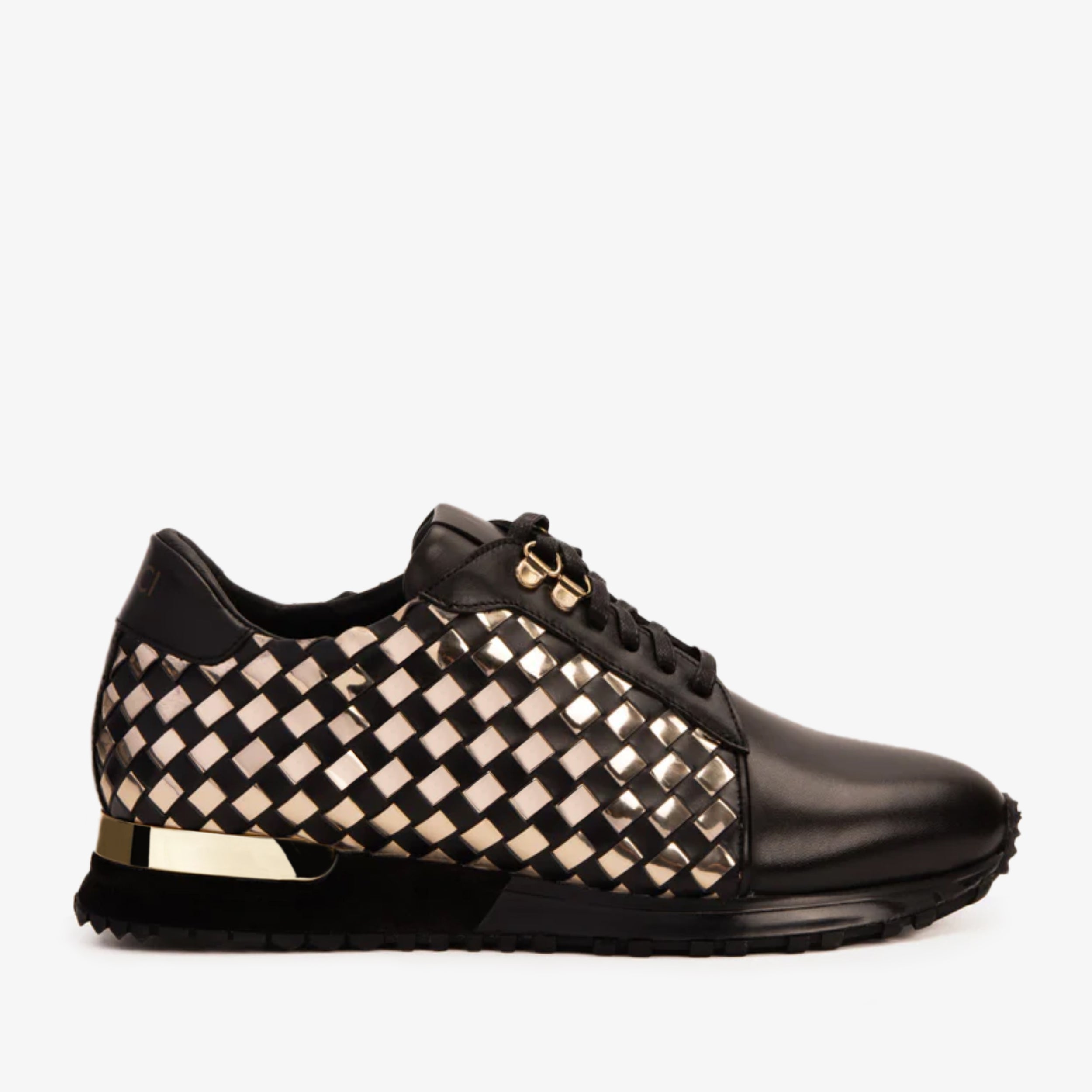 The Mackenzie Black Gold Woven Leather Sneaker - Vinci Leather