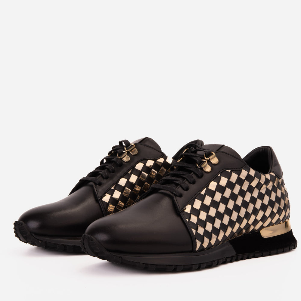 The Mackenzie Black Gold Woven Leather Sneaker - Vinci Leather