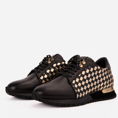 The Mackenzie Black Gold Woven Leather Sneaker - Vinci Leather