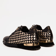 The Mackenzie Black Gold Woven Leather Sneaker - Vinci Leather