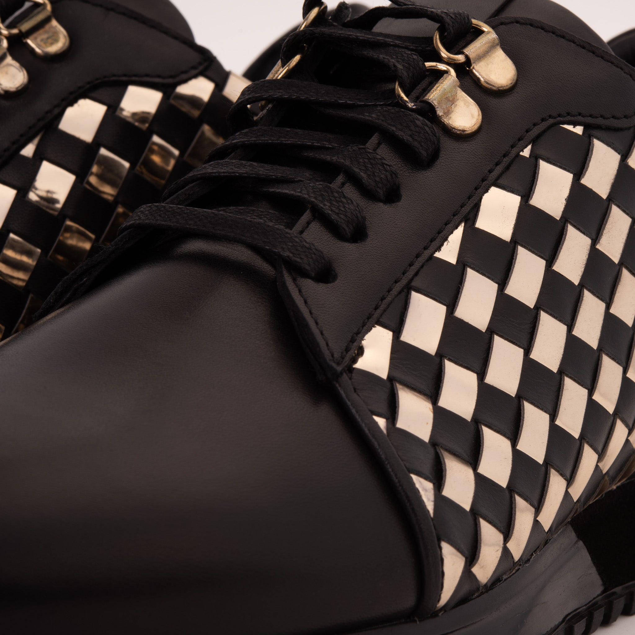 The Mackenzie Black Gold Woven Leather Sneaker - Vinci Leather
