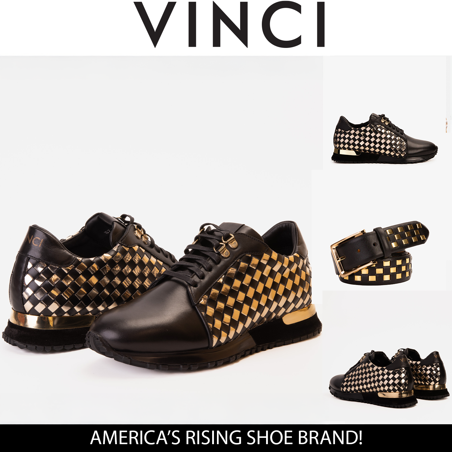 The Mackenzie Black Gold Woven Leather Sneaker - Vinci Leather