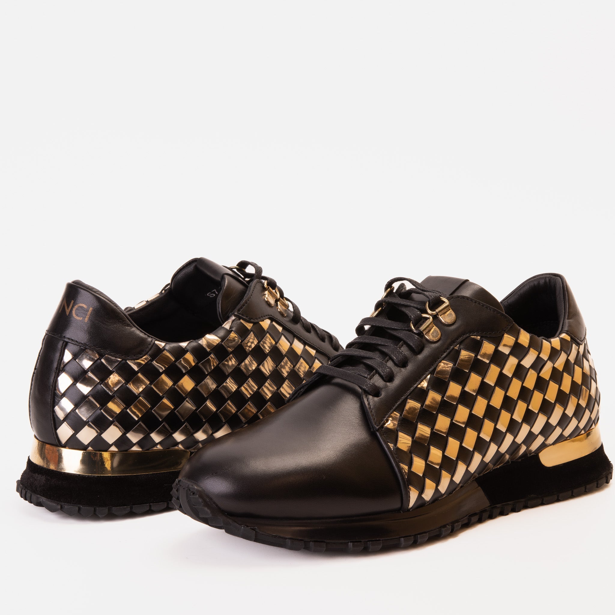 The Mackenzie Black Gold Woven Leather Sneaker - Vinci Leather