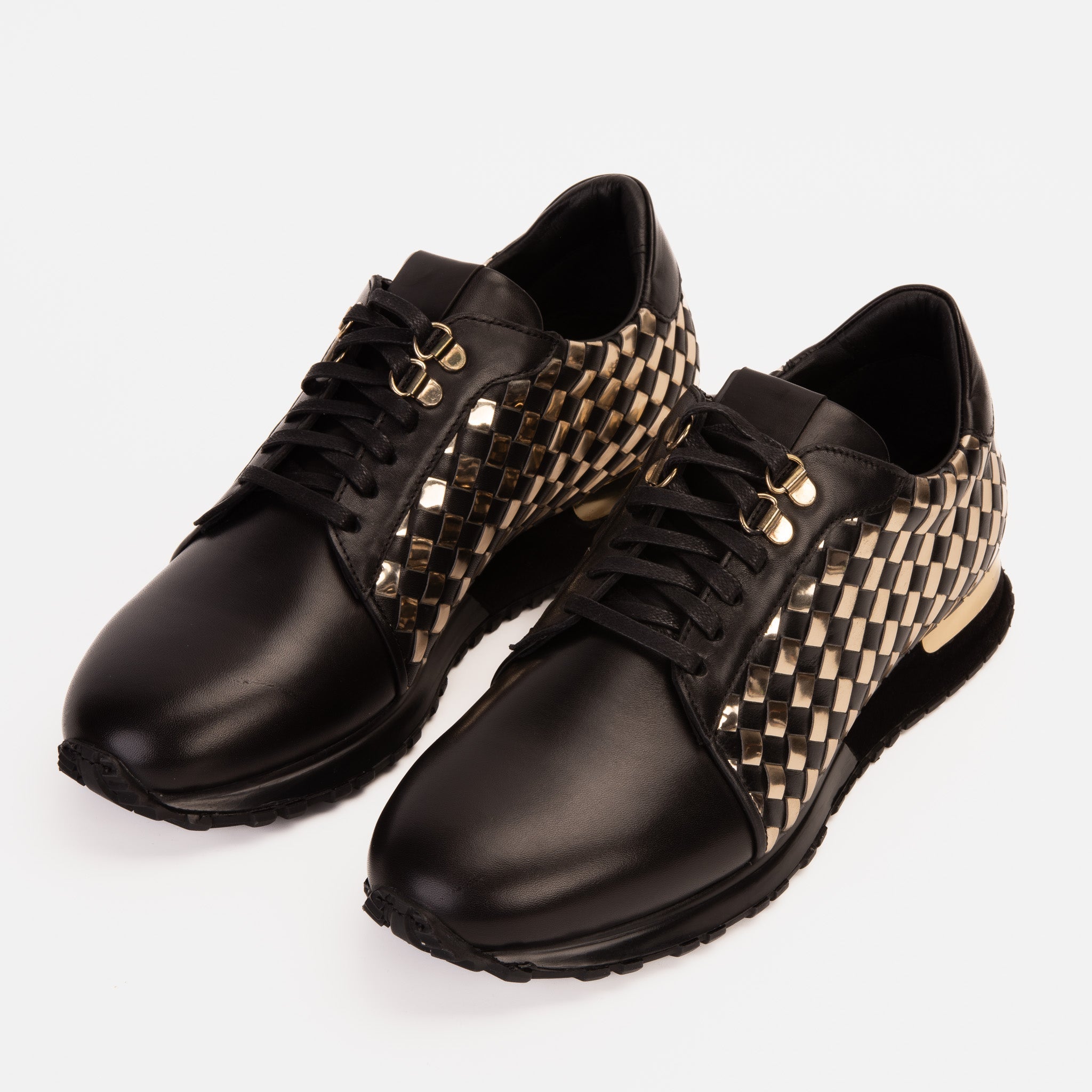 The Mackenzie Black Gold Woven Leather Sneaker - Vinci Leather