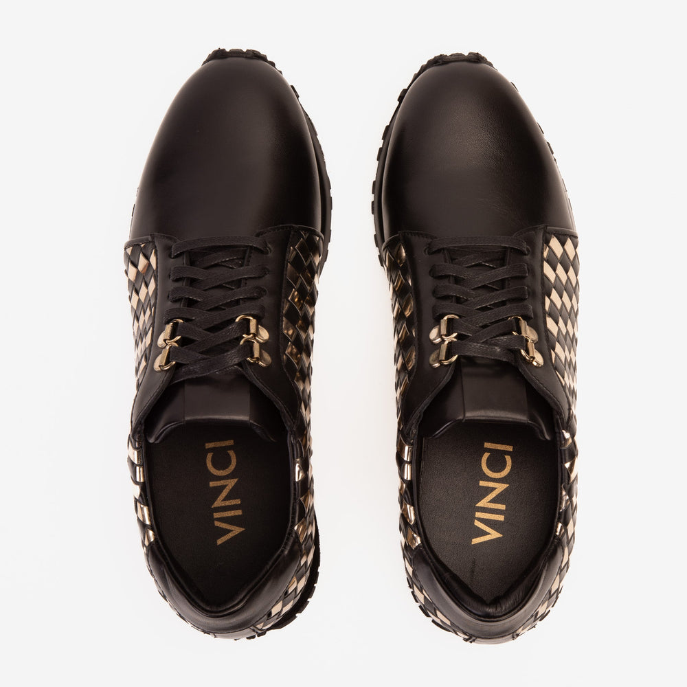 The Mackenzie Black Gold Woven Leather Sneaker - Vinci Leather