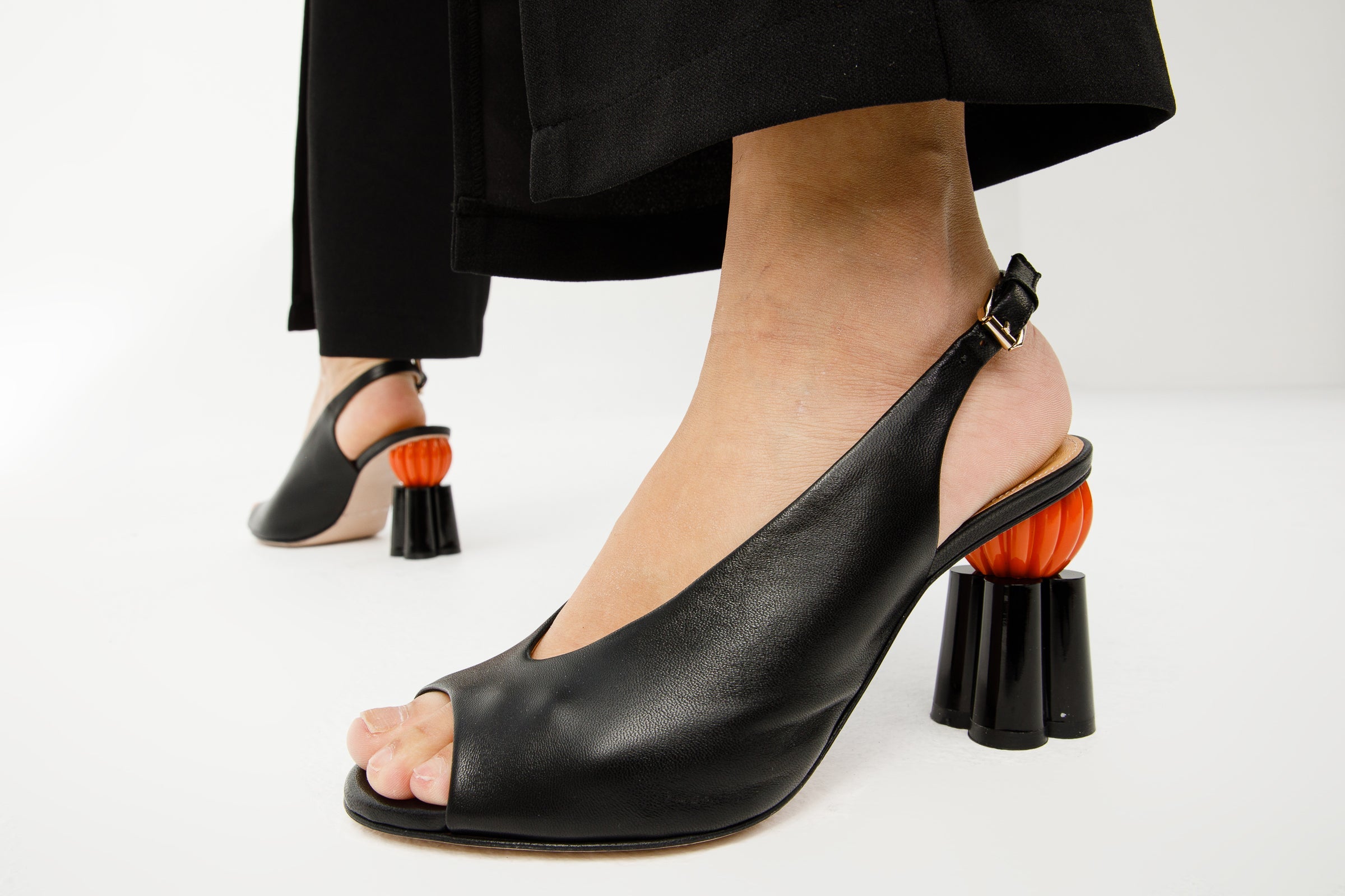 The Cimla Pumpkin Heel Black Leather Sandal - Vinci Leather
