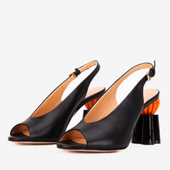 The Cimla Pumpkin Heel Black Leather Sandal - Vinci Leather