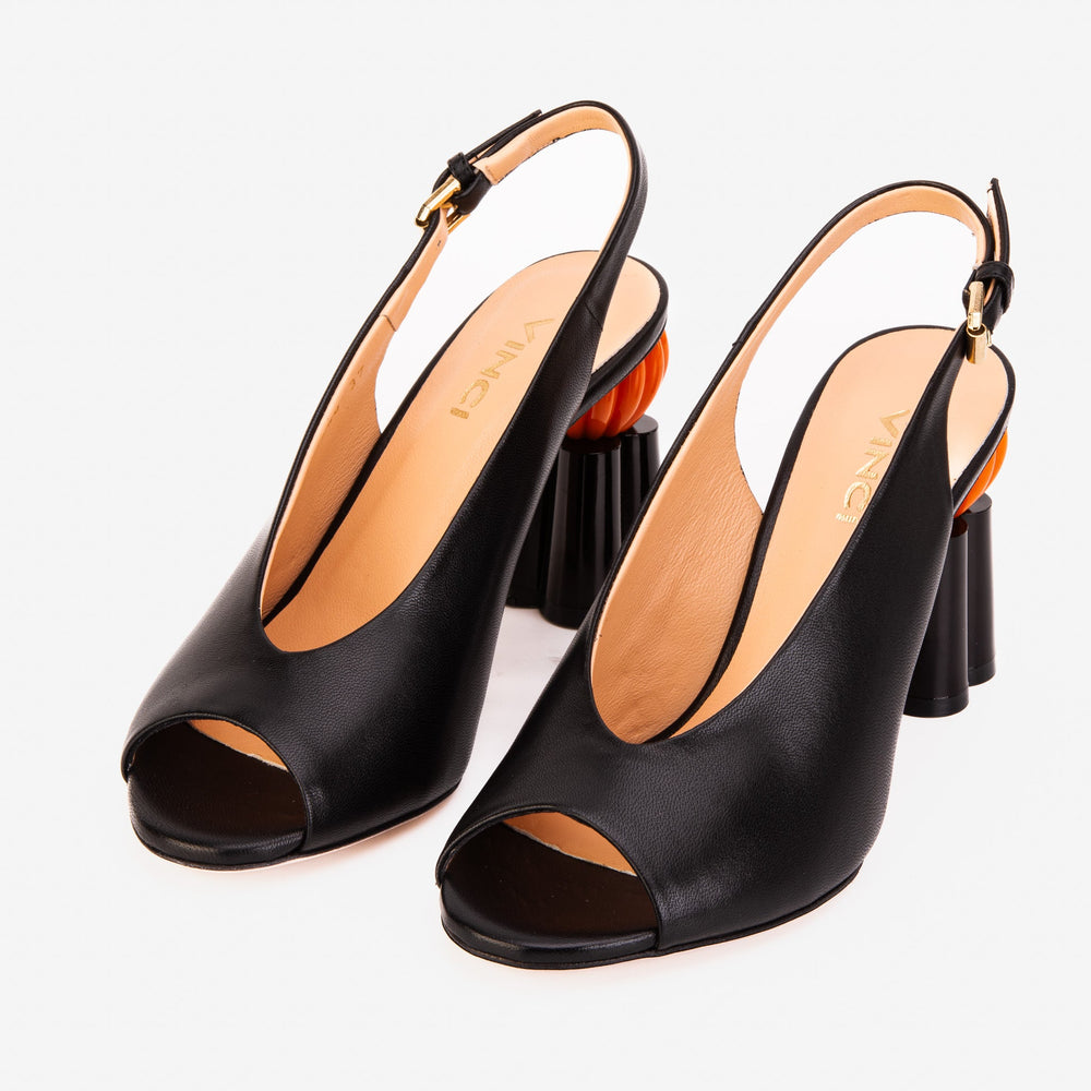 The Cimla Pumpkin Heel Black Leather Sandal - Vinci Leather