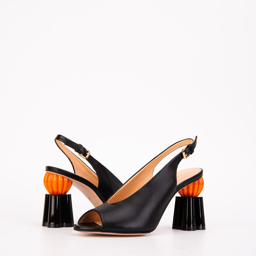 The Cimla Pumpkin Heel Black Leather Sandal - Vinci Leather