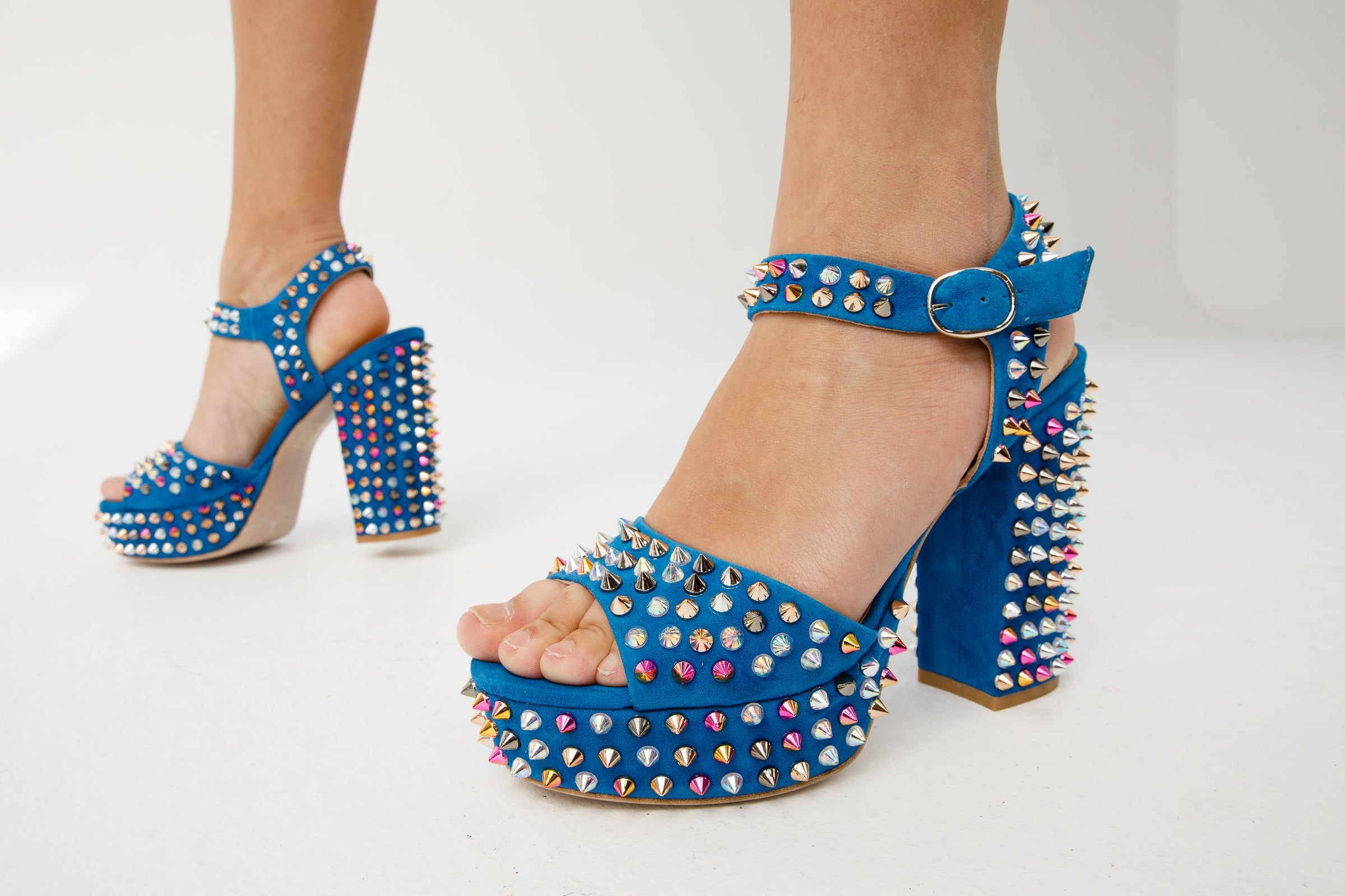 The Tampico Blue Suede Leather Spike Platform Heel Sandal - Vinci Leather