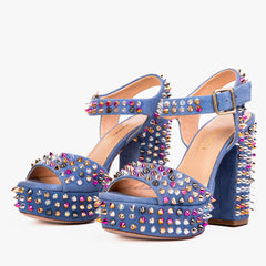 The Tampico Blue Suede Leather Spike Platform Heel Sandal - Vinci Leather