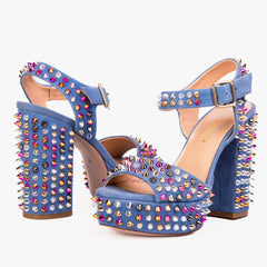 The Tampico Blue Suede Leather Spike Platform Heel Sandal - Vinci Leather