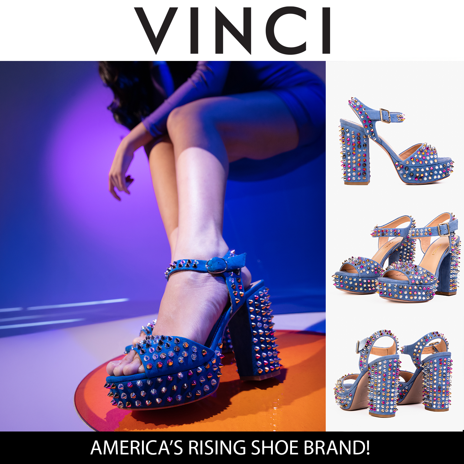 The Tampico Blue Suede Leather Spike Platform Heel Sandal - Vinci Leather