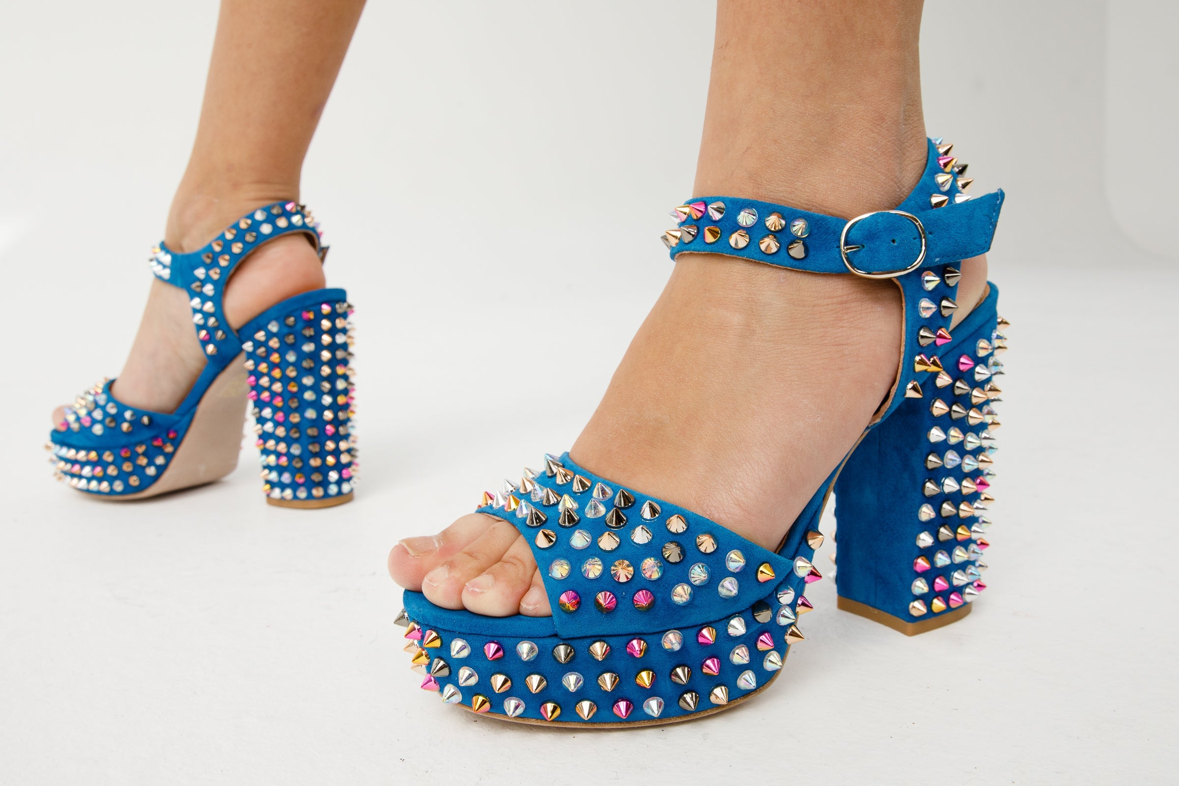 The Tampico Blue Suede Leather Spike Platform Heel Sandal - Vinci Leather