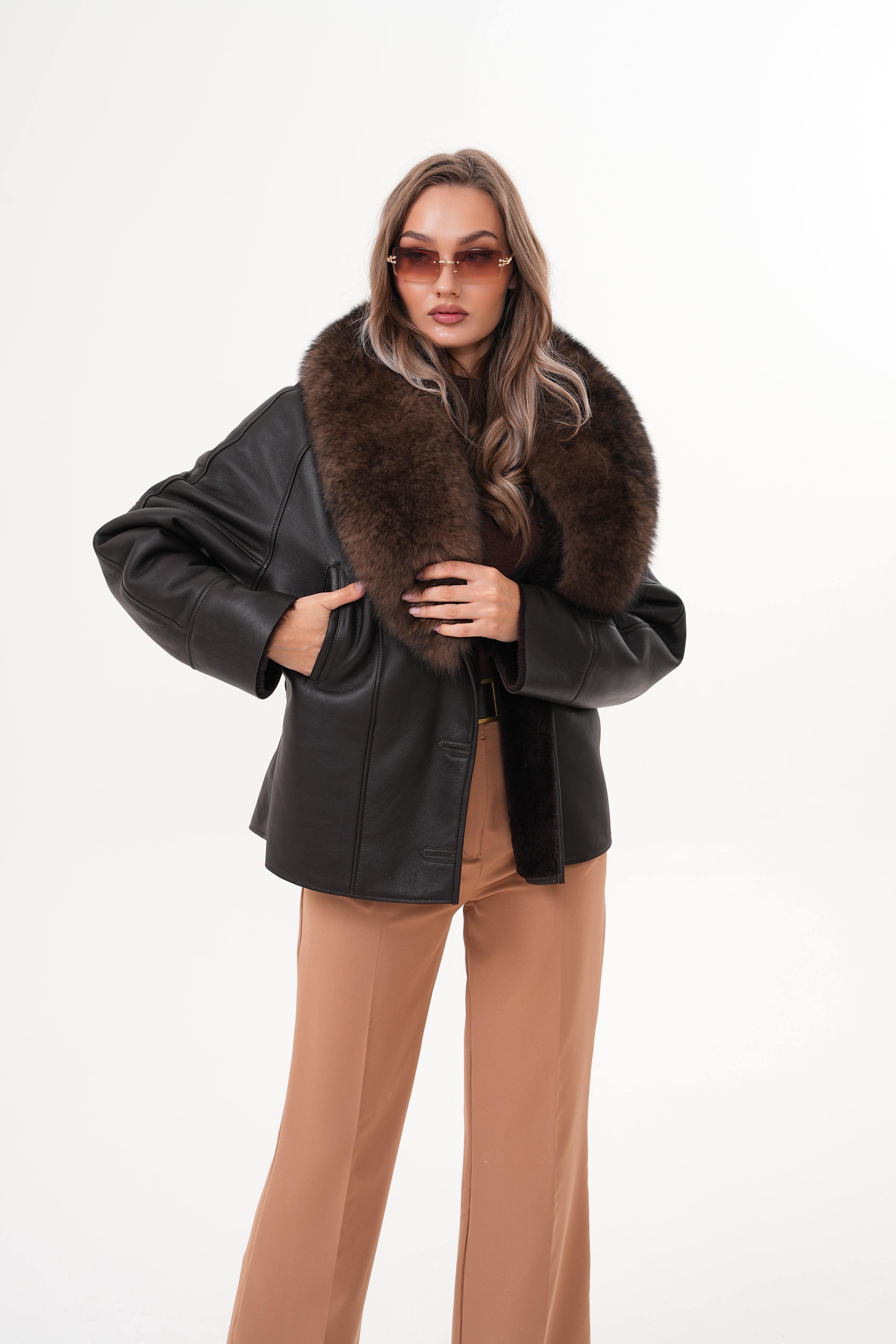 The Estelle Black Brown Shearling Leather Jacket - Vinci Leather
