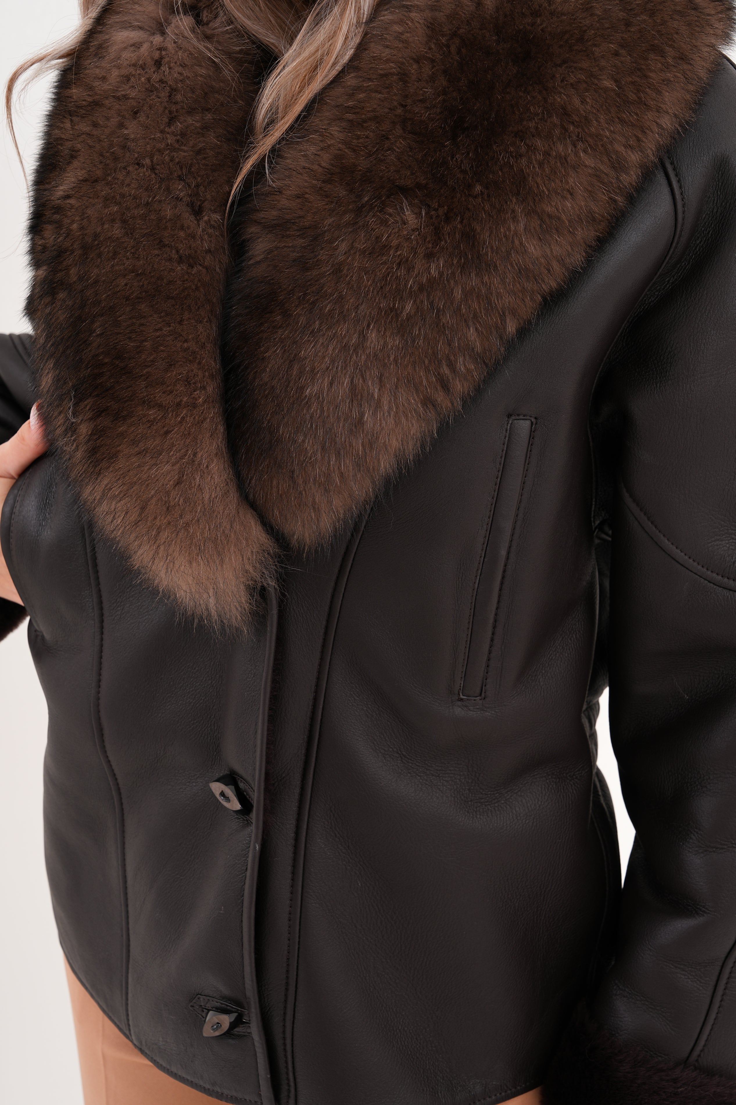 The Estelle Black Brown Shearling Leather Jacket - Vinci Leather