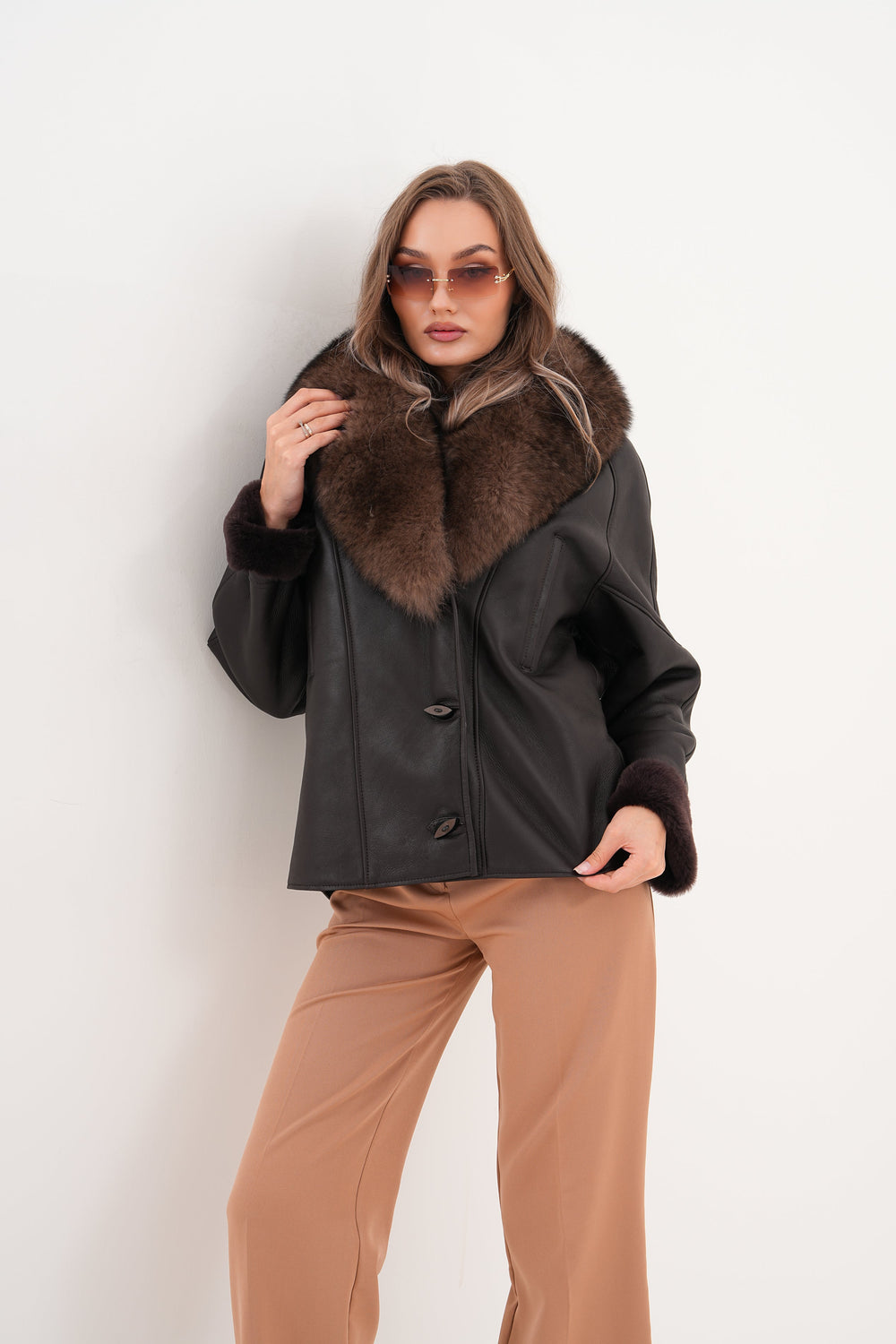The Estelle Black Brown Shearling Leather Jacket - Vinci Leather