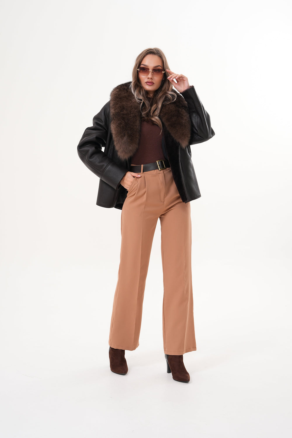 The Estelle Black Brown Shearling Leather Jacket - Vinci Leather