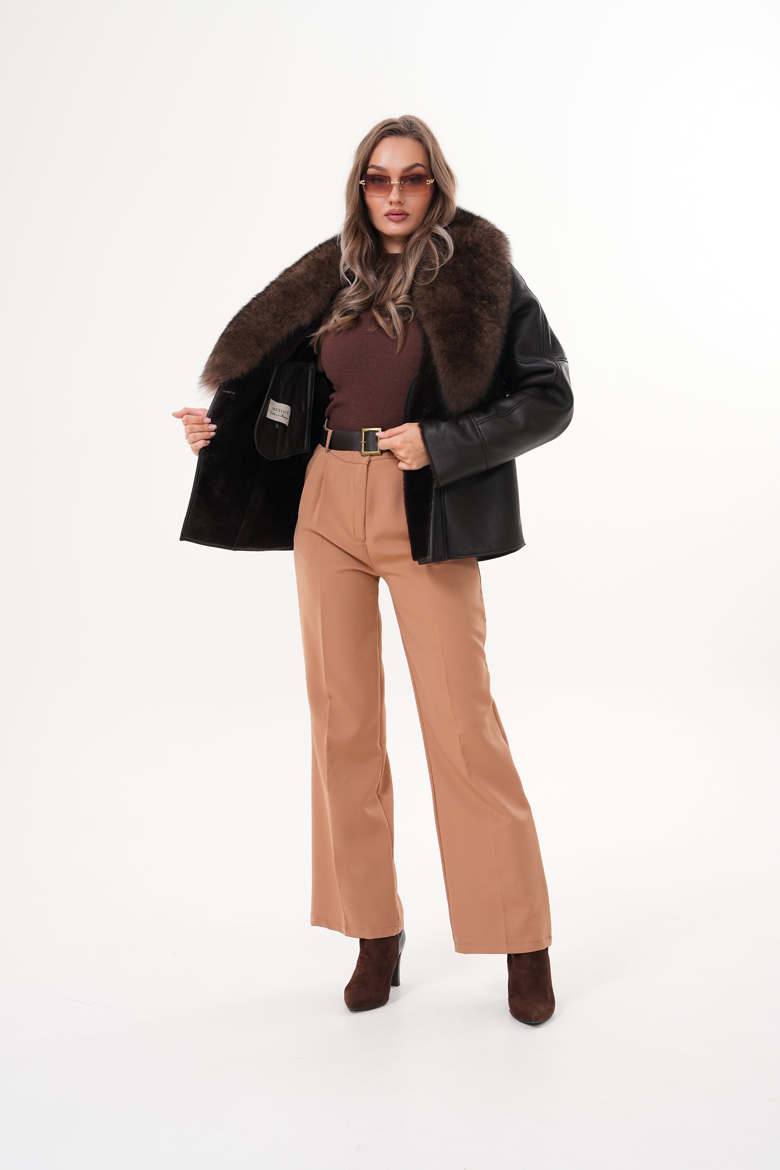 The Estelle Black Brown Shearling Leather Jacket - Vinci Leather