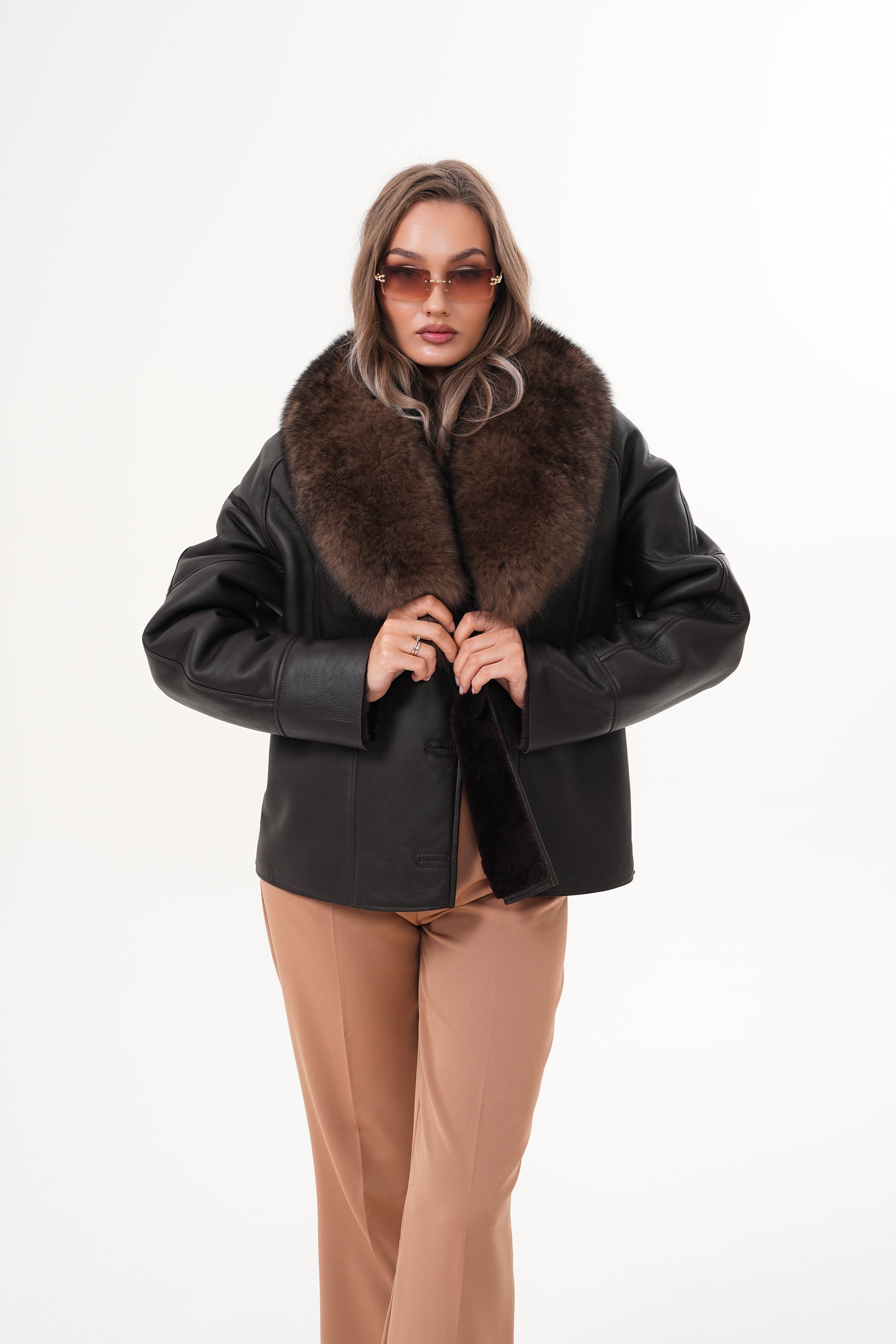 The Estelle Black Brown Shearling Leather Jacket - Vinci Leather