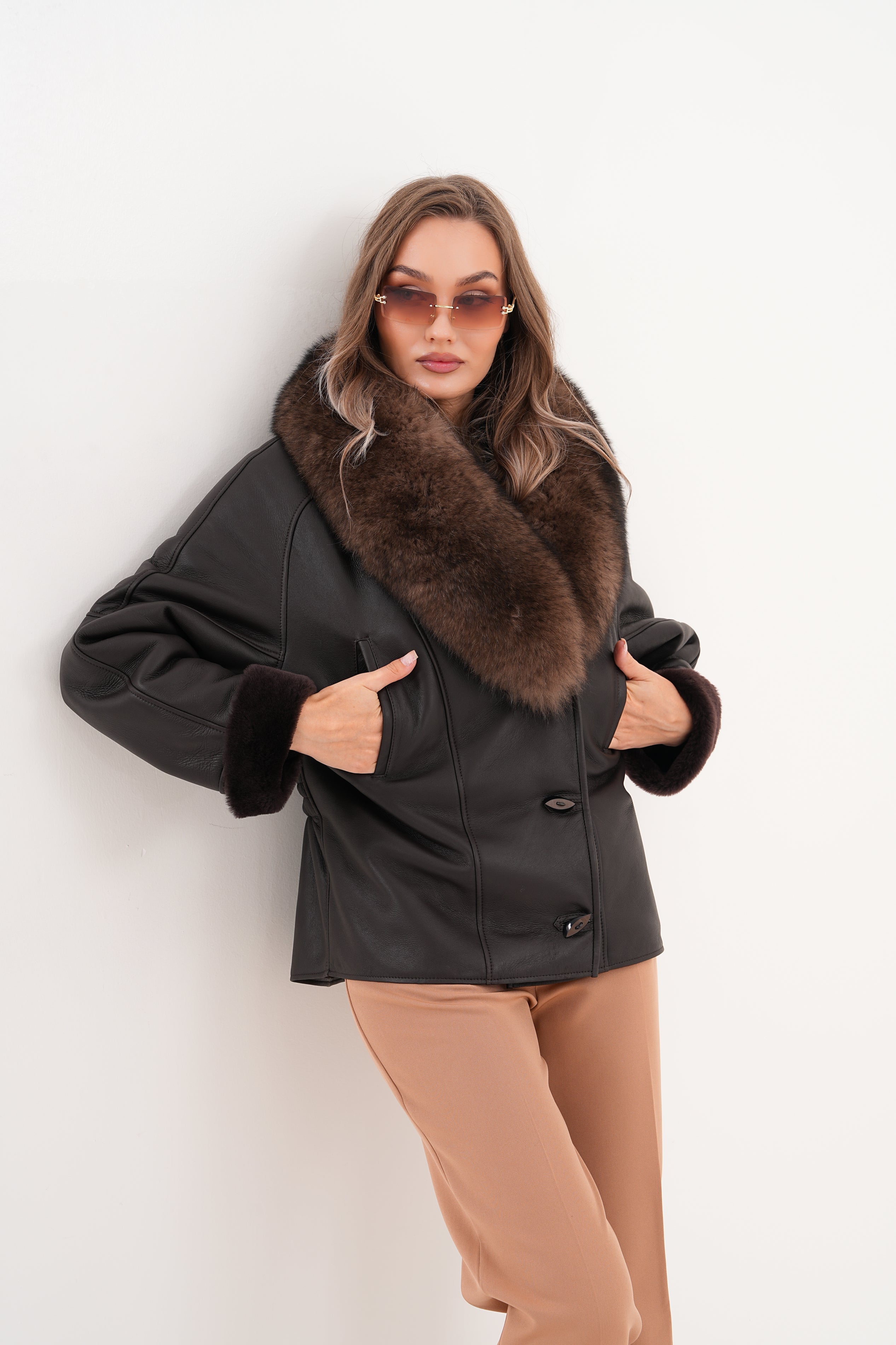 The Estelle Black Brown Shearling Leather Jacket - Vinci Leather