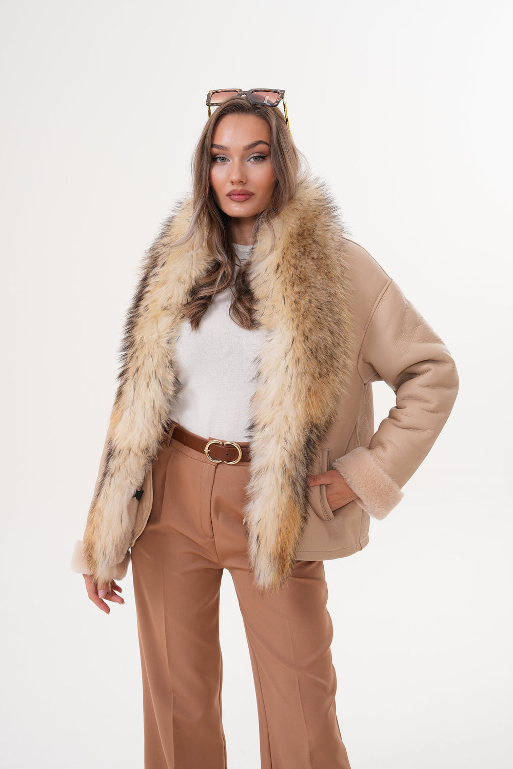 The Elise Beige Shearling Leather Jacket - Vinci Leather
