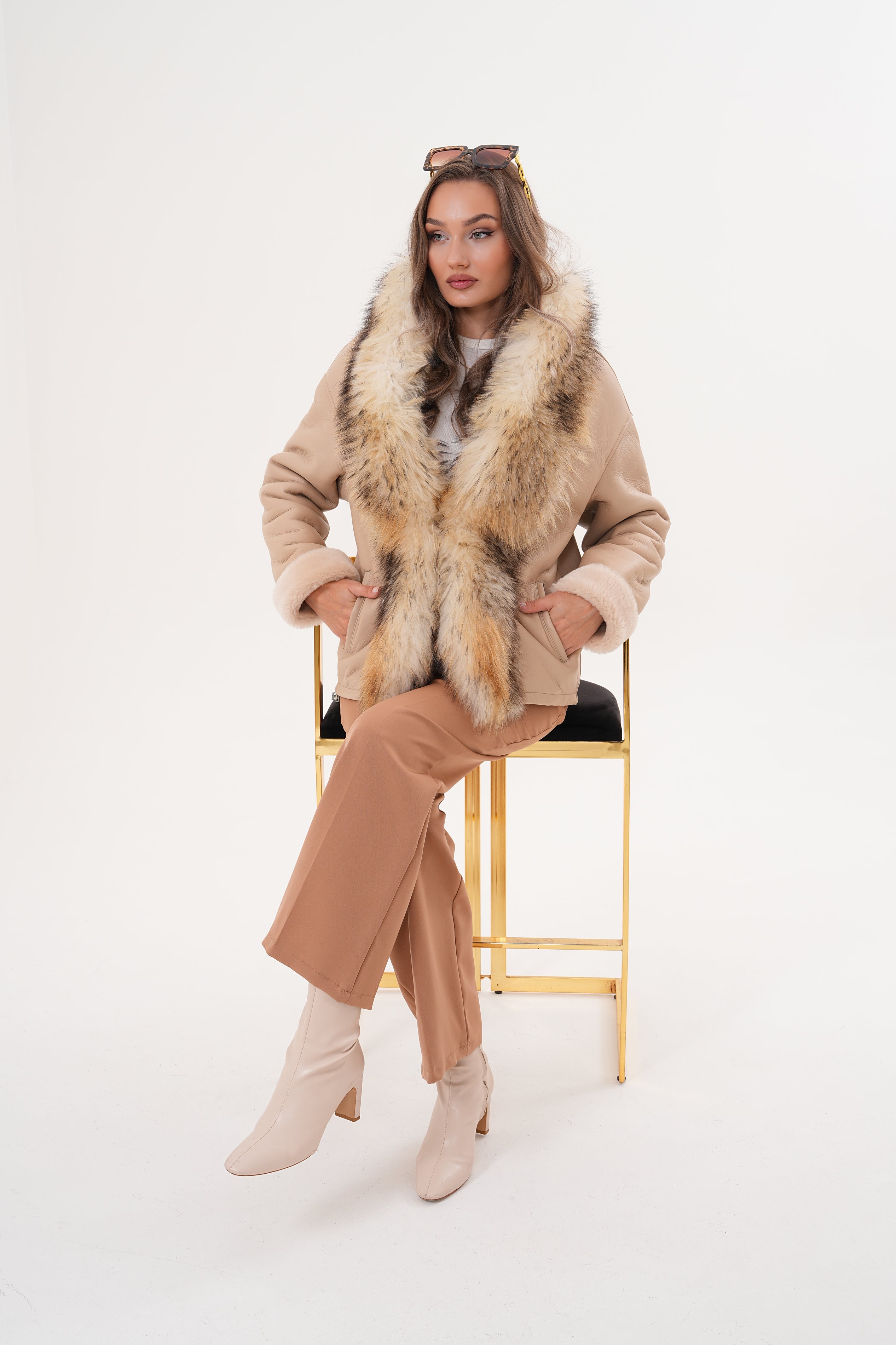 The Elise Beige Shearling Leather Jacket - Vinci Leather