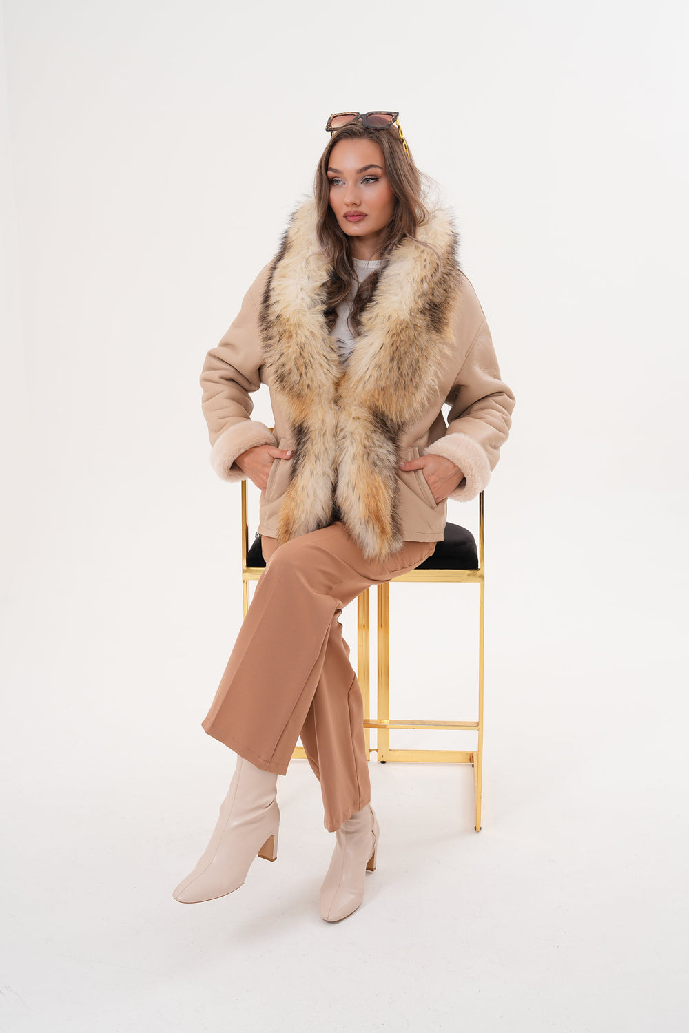 The Elise Beige Shearling Leather Jacket - Vinci Leather