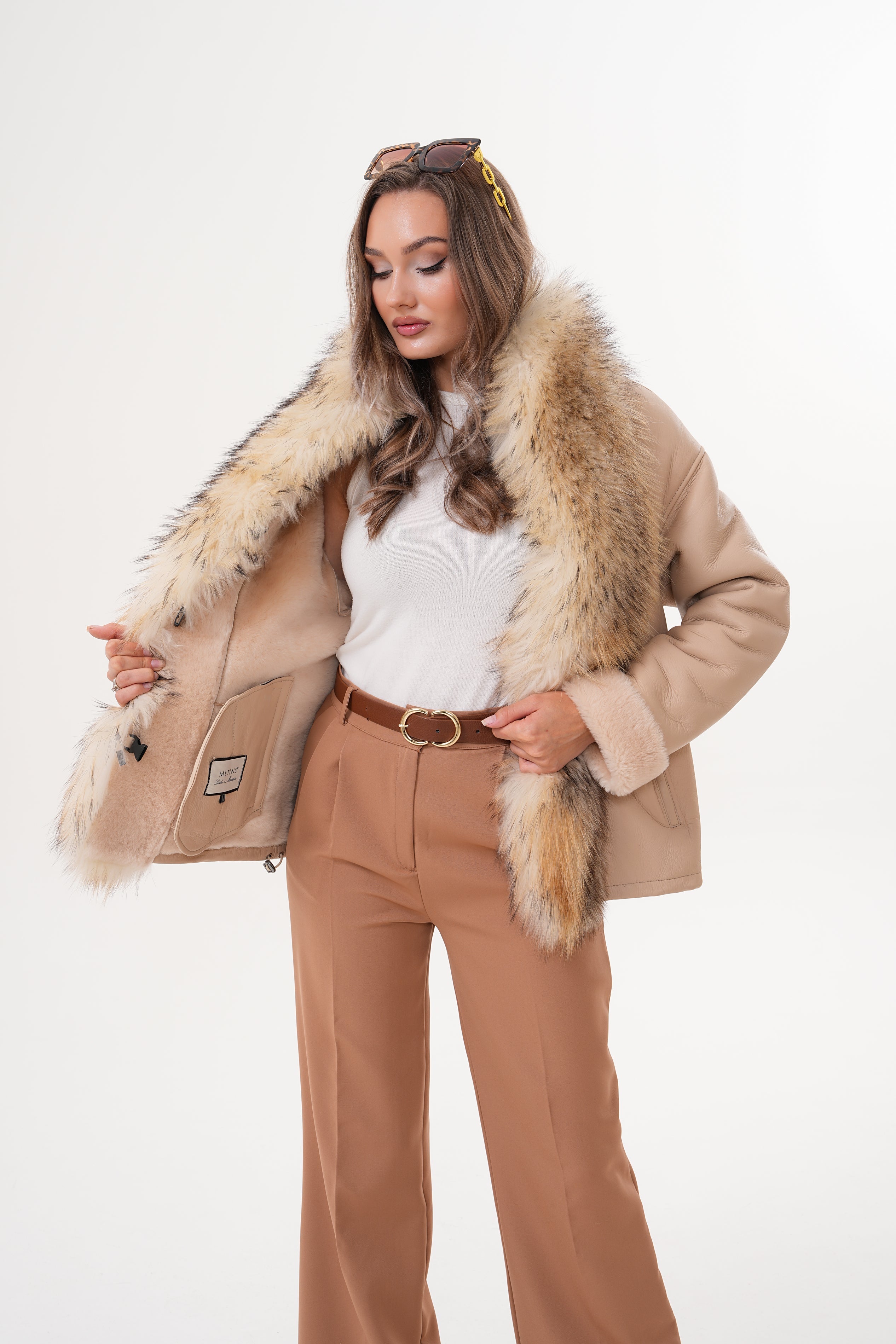The Elise Beige Shearling Leather Jacket - Vinci Leather