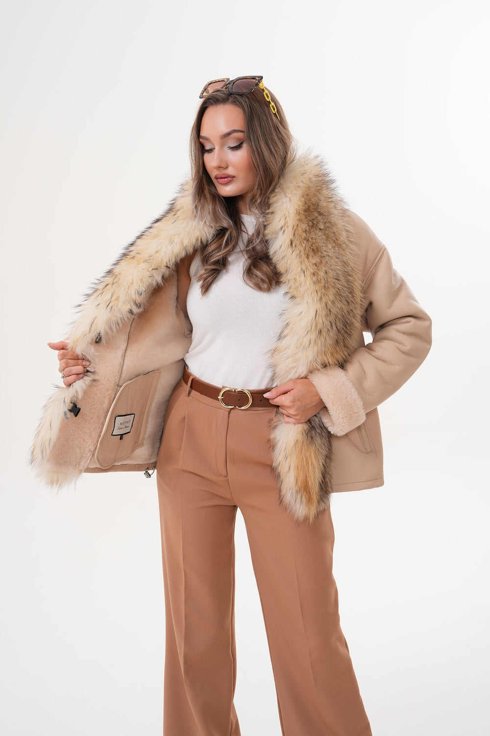 The Elise Beige Shearling Leather Jacket - Vinci Leather
