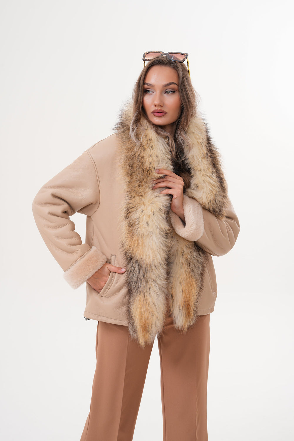 The Elise Beige Shearling Leather Jacket - Vinci Leather