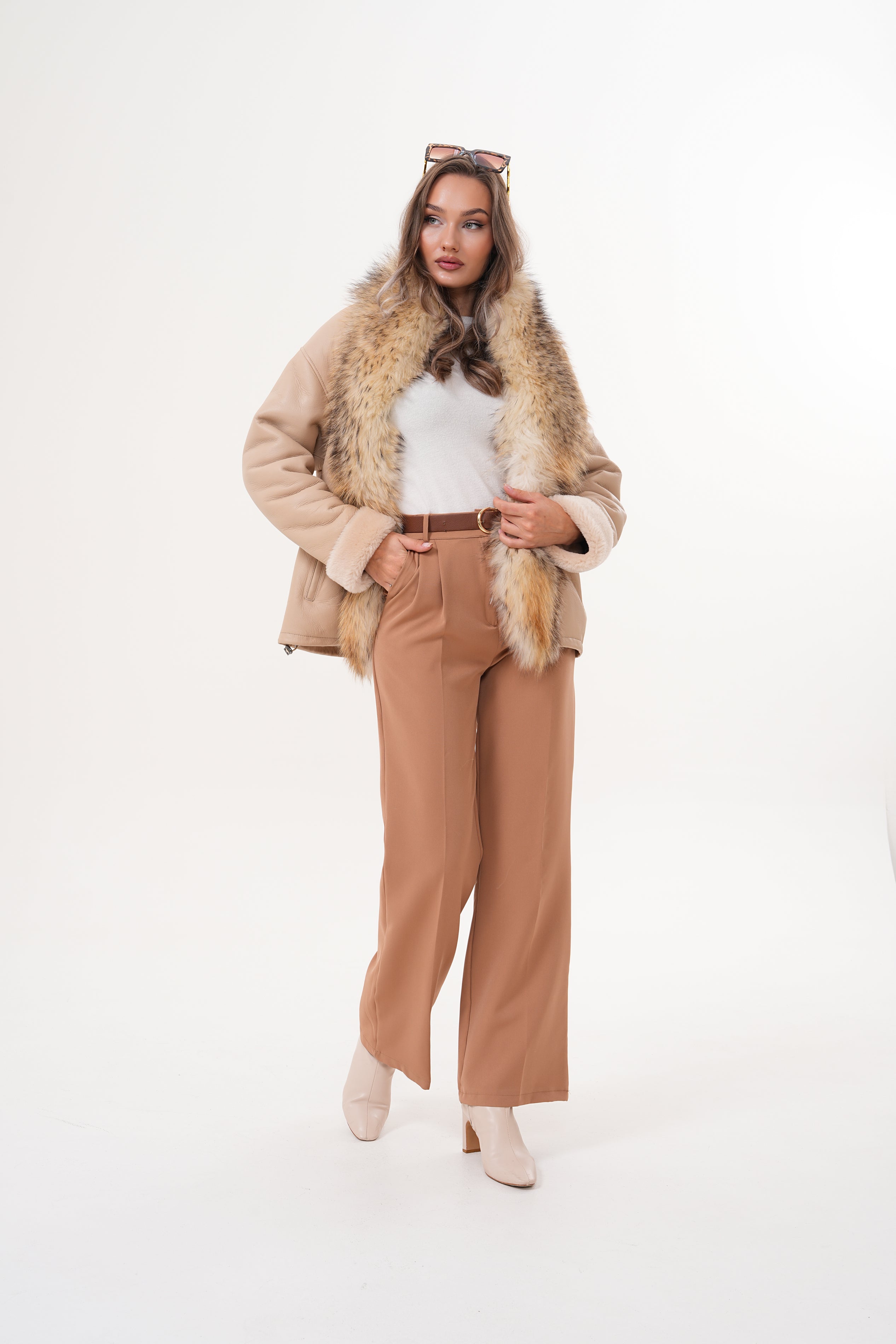 The Elise Beige Shearling Leather Jacket - Vinci Leather