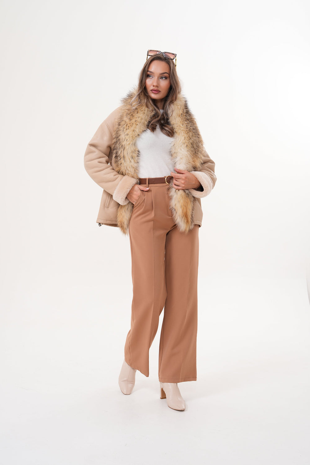 The Elise Beige Shearling Leather Jacket - Vinci Leather