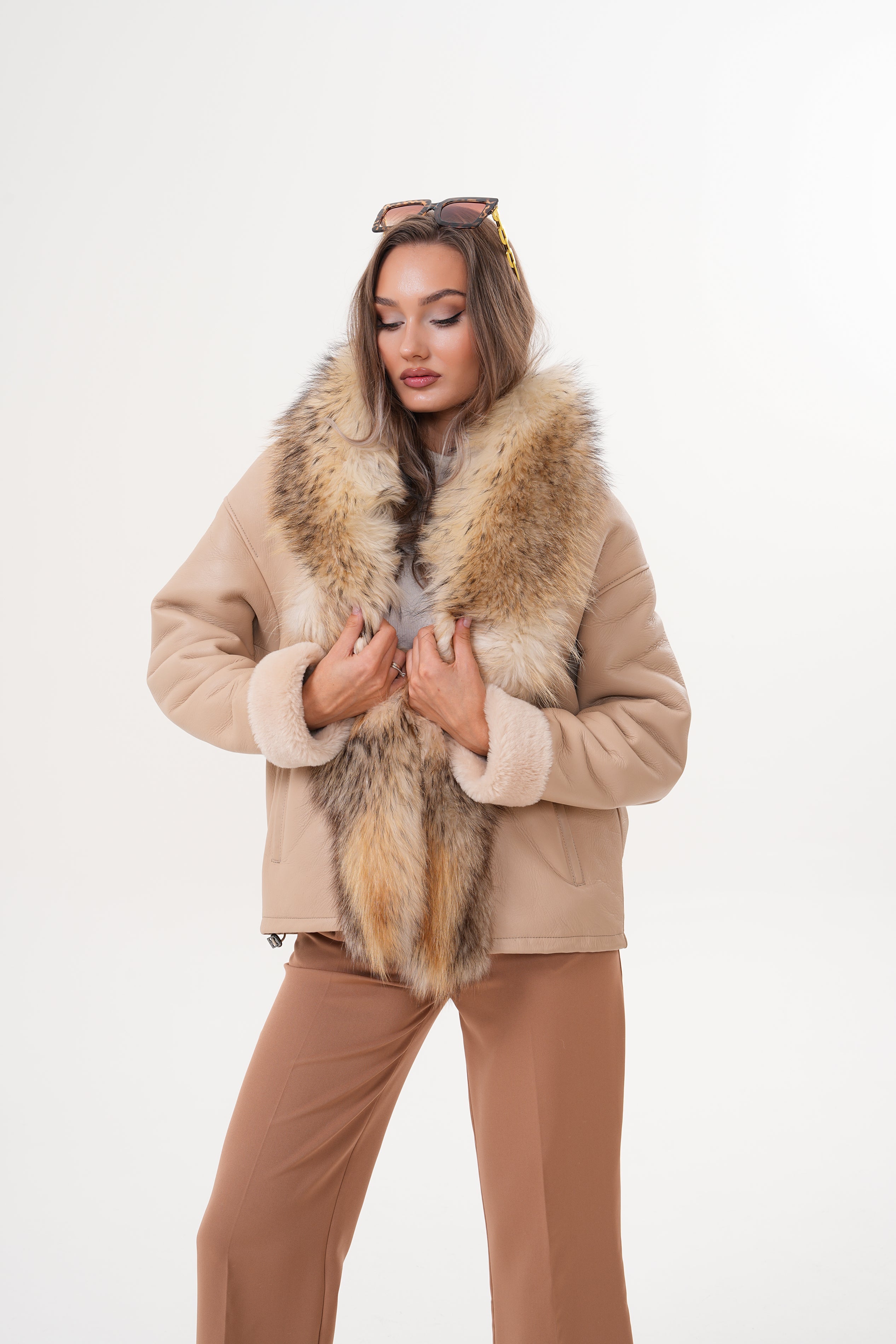The Elise Beige Shearling Leather Jacket - Vinci Leather