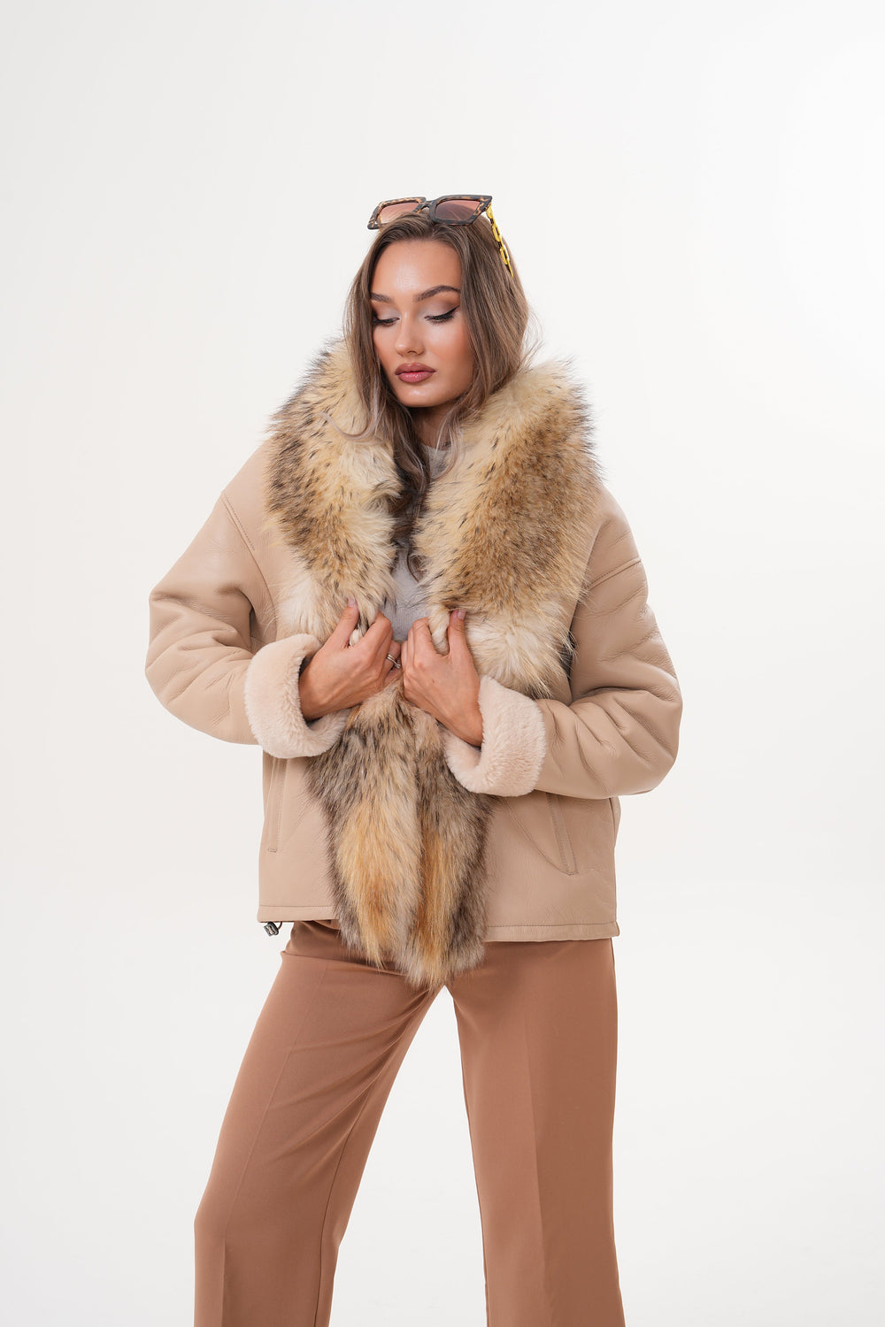 The Elise Beige Shearling Leather Jacket - Vinci Leather