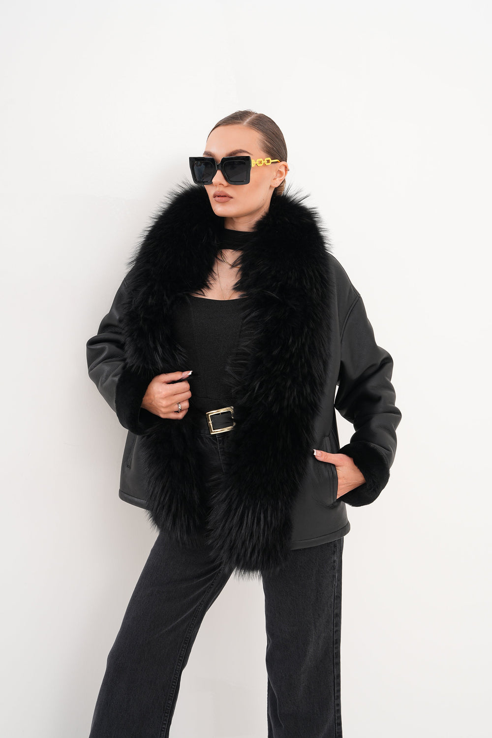 The Elise Black Shearling Leather Jacket - Vinci Leather