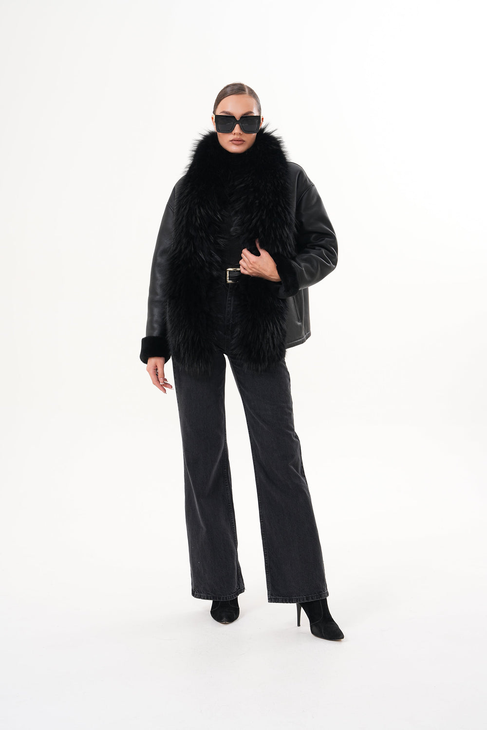 The Elise Black Shearling Leather Jacket - Vinci Leather