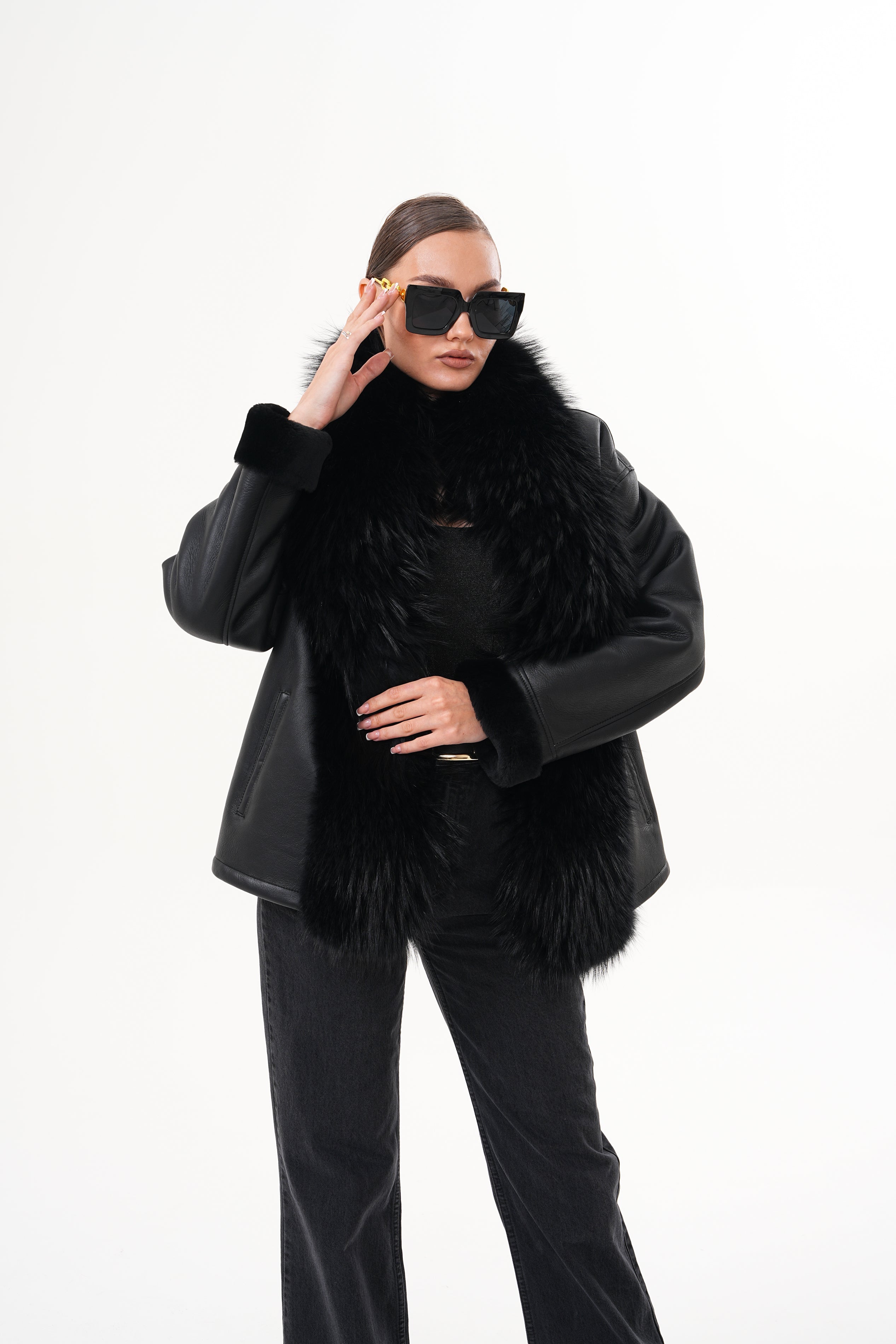 The Elise Black Shearling Leather Jacket - Vinci Leather